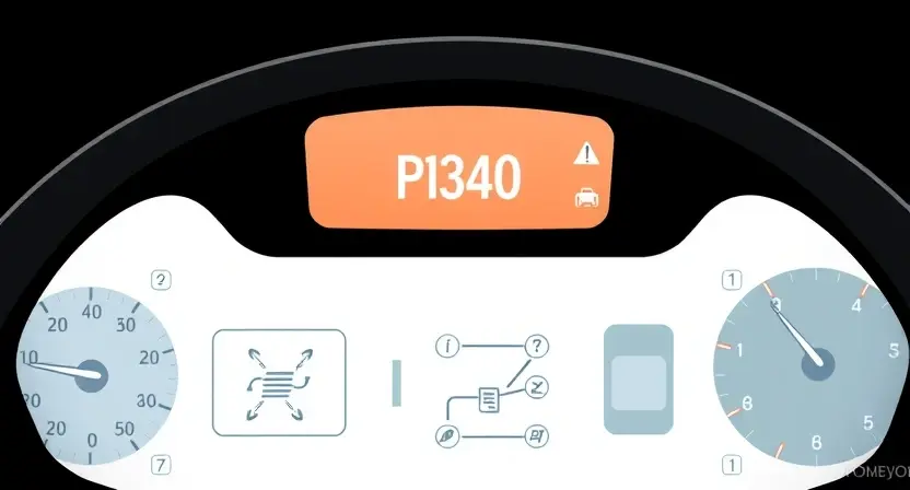 A high-quality technical illustration of a BMW vehicle dashboard showing an illuminated engine warning light with the diagnostic code P1340 displayed on the instrument cluster, surrounded by subtle schematic elements like wiring diagrams and sensor icons, clean white background, professional automotive diagnostic context