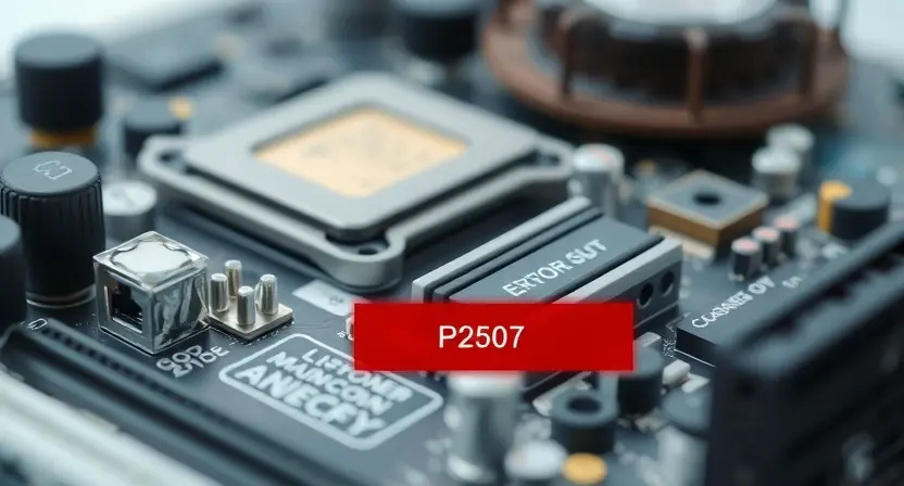 A close-up, detailed illustration of a computer motherboard with a highlighted error code P2507. Focus on the components related to power supply and connection points. The background should be blurred, emphasizing the motherboard.