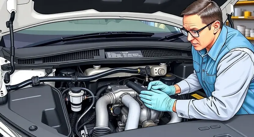 A detailed illustration of a car engine bay with a mechanic inspecting the engine. Focus on the engine components, hoses, and sensors related to the P2111 error code (EVAP system leak). The mechanic should be wearing safety glasses and gloves. The background should show a clean and organized garage environment.