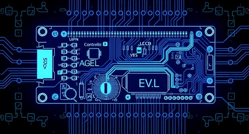 A clean, high-quality technical illustration of a generic automotive engine control unit (ECU) circuit board with a highlighted high-voltage signal path on the control circuit, depicted in a schematic style with glowing blue lines indicating electrical flow, set against a dark technical background with no text or labels