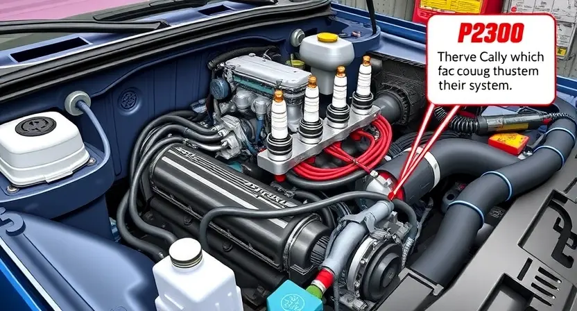 A detailed illustration of a car engine with a focus on the ignition system, highlighting the components that could cause the P2300 error code. The image should show the ignition coils, spark plugs, and wiring harness in a clean and well-maintained state. The background should include a mechanic's toolbox and some diagnostic equipment to suggest the context of troubleshooting and maintenance.