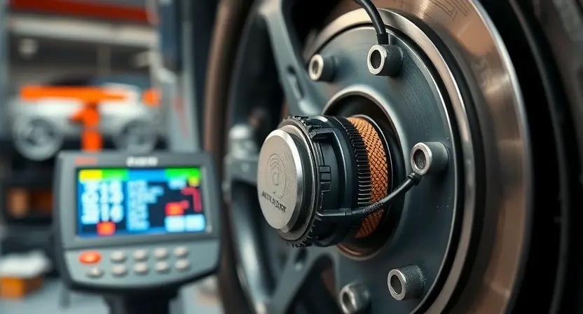 A close-up of a car's front wheel speed sensor mounted near the brake rotor, with visible wiring and sensor tip, in a well-lit automotive workshop setting, showing signs of signal interference or high voltage reading on a diagnostic scanner screen nearby, mechanical tools and car parts in soft focus background, realistic style, high detail