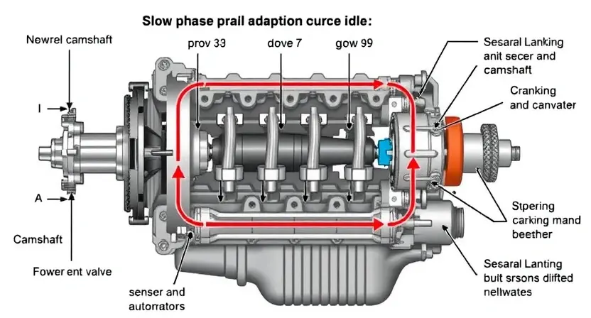 A detailed illustration of an engine's valve train system, specifically focusing on the phase adaptation mechanism during idle. Show the camshaft, crankshaft, valves, and associated components. Highlight the sensors and actuators involved in the adaptation process. The image should depict a technical diagram with clear labels and annotations.