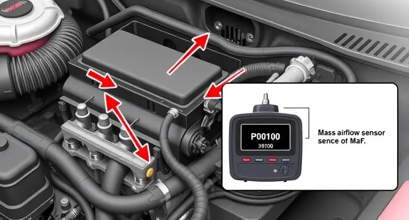 A detailed illustration of an engine bay with a focus on the mass airflow sensor (MAF sensor). The MAF sensor should be clearly visible, with arrows pointing to its location and connections. Include a diagnostic tool connected to the sensor, displaying a P0100 error code. The background should be slightly blurred to emphasize the sensor.