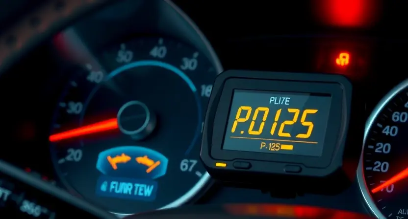 A close-up of a car dashboard with a glowing check engine light and a diagnostic code reader displaying 'P0125' on its screen, surrounded by subtle engine components like a coolant temperature sensor and thermostat in the background, all rendered in a clean, technical, high-detail automotive illustration style