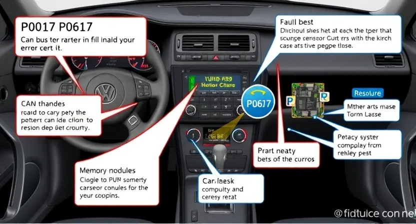 A detailed illustration of a car's computer system, highlighting the P0617 error code and its related components. Include visual representations of the CAN bus, memory modules, and relevant sensors. The image should be informative and visually appealing, suitable for a technical guide.