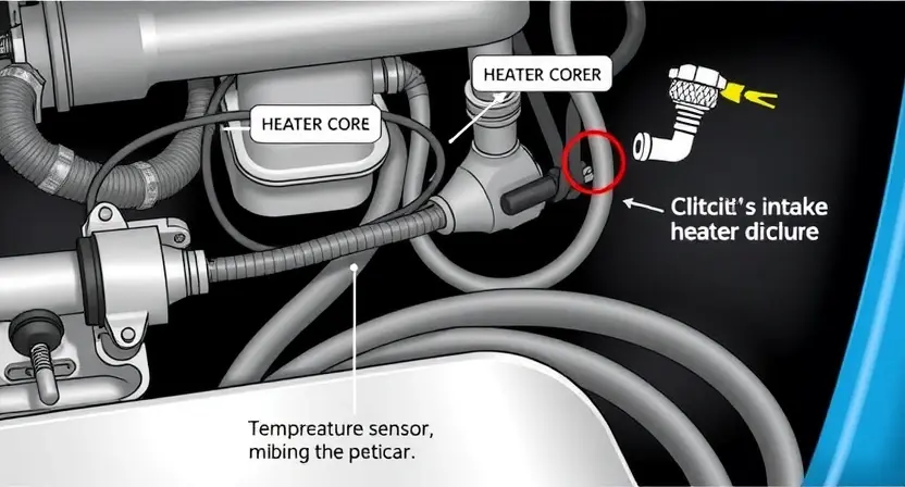 A detailed illustration of a car's intake heater circuit, showing the wiring, heater core, and temperature sensor. The image should highlight the potential points of failure in the circuit. Focus on technical accuracy and clarity.