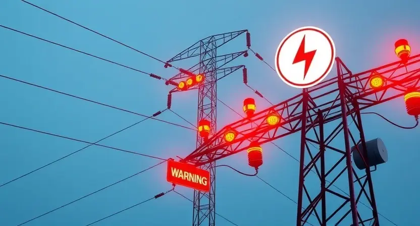 A high-voltage power line tower with glowing electrical arcs and warning signs, showing a technical diagram overlay indicating excessive voltage, clean technical illustration style