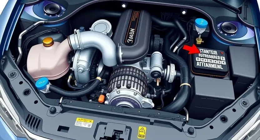 A detailed illustration of a car engine bay, focusing on the turbocharger and related components. The image should clearly show the turbocharger, intake and exhaust manifolds, and the engine control unit (ECU). Include wiring harnesses and sensors relevant to the turbocharger system. The background should be slightly blurred to emphasize the engine components.