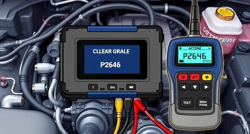 A detailed illustration of an engine control unit (ECU) with diagnostic tools connected, highlighting the P2646 error code display. The background should be a workshop environment with automotive parts subtly visible. Focus on clarity and technical accuracy.