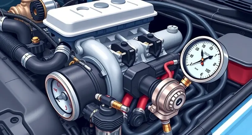 A detailed illustration of a car engine bay, focusing on the turbocharger and its associated pressure sensor. The sensor should be clearly visible, connected to a gauge displaying pressure readings. Include hoses and wiring relevant to the turbocharger system. The background should be slightly blurred to emphasize the engine components.