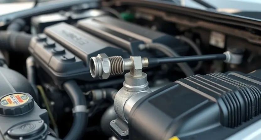 A close-up, detailed image of a car engine bay. Focus on the engine's components, specifically the oxygen sensor and related wiring. The engine should appear clean and well-maintained. The background should be slightly blurred, suggesting a garage setting.