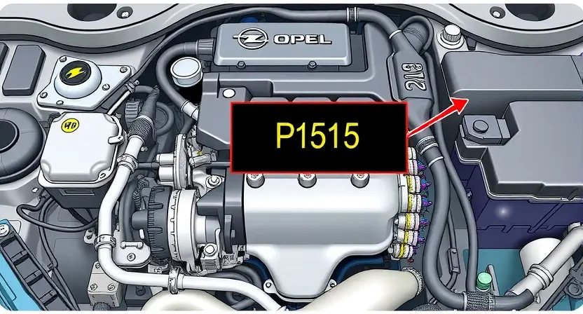 A detailed technical illustration of an Opel car engine showing the P1515 error code, with highlighted components like sensors and wiring, clean background, technical diagram style