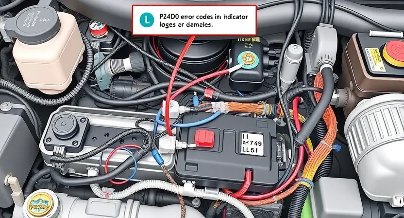 A detailed illustration of an automotive wiring harness with a highlighted P24D0 error code indicator. The wiring should be complex and show various connectors, wires, and components. Focus on the areas where electrical connections might be loose or damaged.