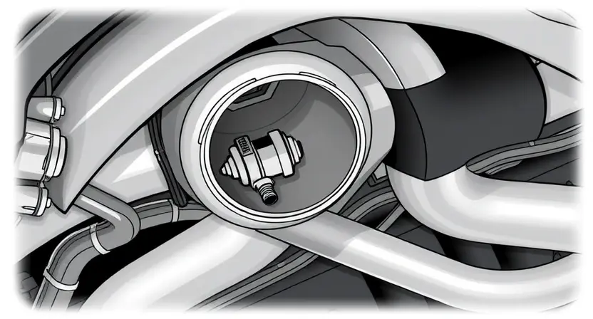A close-up, detailed illustration of an automotive exhaust system, specifically focusing on the oxygen sensor located in the first exhaust bank. The sensor should be clearly visible, along with surrounding pipes and components. The image should convey a sense of technical precision and automotive engineering.