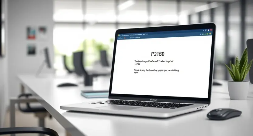 A clean, modern computer workstation with a focus on a laptop displaying a troubleshooting guide or error message related to P2190. The background should be a blurred office environment, suggesting a professional setting. The overall image should convey problem-solving and technical expertise.