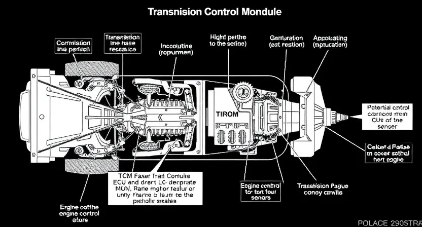 A detailed diagram illustrating a vehicle's powertrain system, specifically highlighting the Transmission Control Module (TCM) and its communication pathway with other components like the engine control unit (ECU) and sensors. Use clear lines and labels to show the data flow and potential points of failure. Focus on the physical connections and the electronic signals involved.
