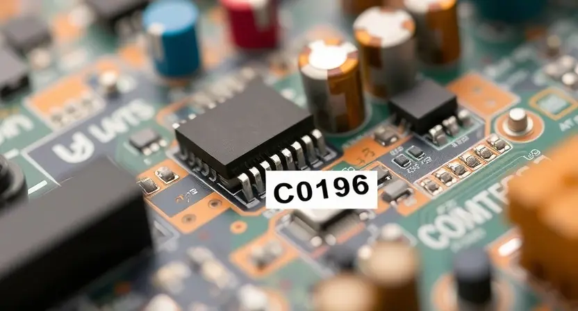 A close-up, detailed illustration of a circuit board with a highlighted component labeled 'C0196'. The component should be visually distinct and clearly identifiable. Focus on the electronic elements and connections surrounding the highlighted component. The background should be blurred, emphasizing the circuit board's complexity.