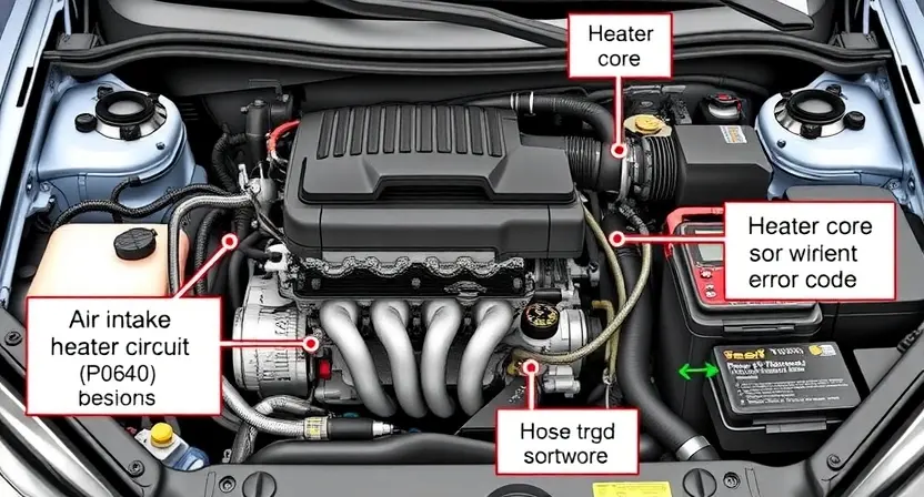 A detailed illustration of a car's engine bay, focusing on the air intake heater circuit. Show the heater core, hoses, wiring, and diagnostic tools. The image should clearly depict the components related to the P0640 error code.