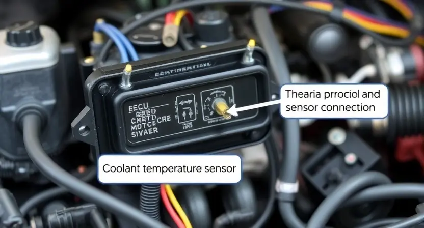 A close-up, detailed illustration of an engine control unit (ECU) with highlighted sensor connections. Focus on the wiring and connectors related to the coolant temperature sensor. The background should be a slightly blurred automotive engine bay.