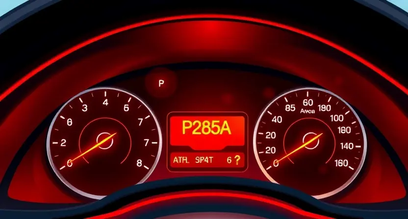 A detailed illustration of a car's dashboard with the P285A error code displayed on the instrument cluster. The dashboard should be brightly lit, showing various gauges and warning lights. Focus on the error code's visual representation and its location within the dashboard.