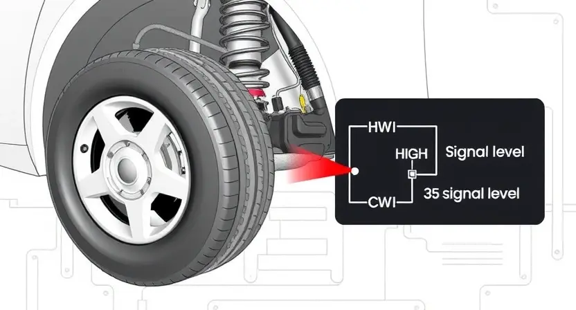 A clean, professional automotive diagnostic illustration showing a front wheel speed sensor on a car's suspension system, with a highlighted circuit diagram indicating a high signal level error, set against a neutral technical background with no text or labels