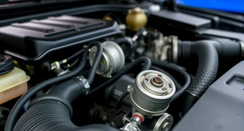A close-up, detailed image of a car's engine bay. Focus on the oxygen sensor and related components. The engine should appear clean and well-maintained. The background should be slightly blurred, suggesting a garage or workshop environment.