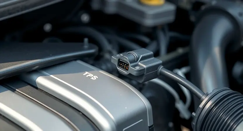 A close-up, detailed illustration of a car's engine bay, specifically highlighting the throttle position sensor (TPS). The TPS should be clearly visible, with surrounding engine components subtly in focus. The overall lighting should be bright and clean, emphasizing the sensor's physical characteristics. Focus on the sensor's wiring and connection points.