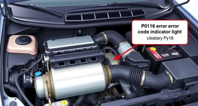 A detailed illustration of a car's engine bay, focusing on the catalytic converter and associated components. The image should clearly show the P0716 error code indicator light on the dashboard. The background should be a slightly blurred view of the car's interior.