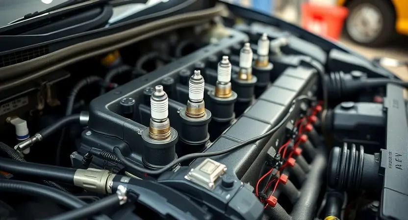 A detailed close-up of a Nissan car engine with a focus on the ignition system components, such as spark plugs, ignition coils, and wiring harnesses. The image should depict a well-maintained engine with clean components and proper connections. The background should be a clean, well-lit garage or workshop setting.
