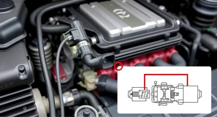 A detailed illustration of an automotive engine bay, focusing on the crankshaft position sensor. The sensor should be clearly visible, with its wiring and connections highlighted. The background should be slightly blurred to emphasize the sensor. Include a schematic diagram showing the sensor's function and connection to the engine control unit (ECU).