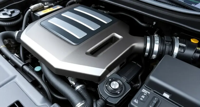 A close-up, detailed image of a car's engine bay, focusing on the air intake system and associated sensors. The engine should appear clean and well-maintained. The overall lighting should be bright and even, highlighting the mechanical components.