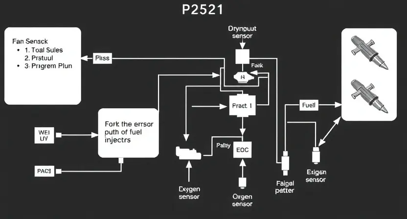 A detailed schematic diagram illustrating the P2521 error code in an engine control unit (ECU). The diagram should show the relevant sensors, actuators, and wiring associated with the error, with arrows indicating the flow of data. Include visual representations of potential causes, such as a faulty oxygen sensor or a problem with the fuel injectors.
