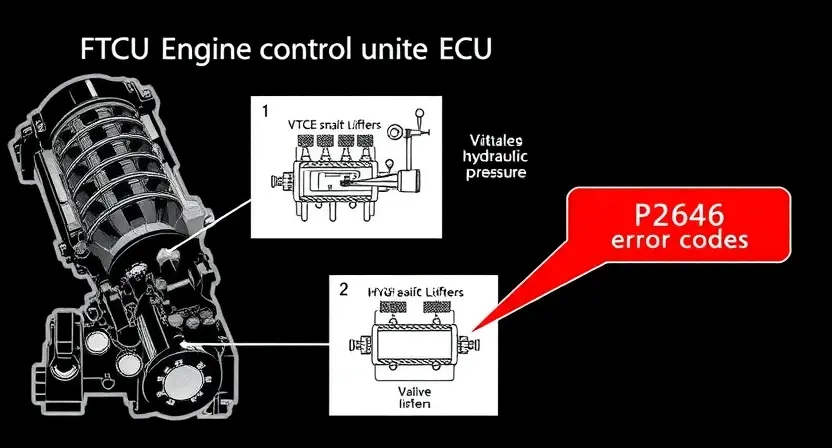 A detailed illustration of an engine control unit (ECU) with a visual representation of the VTEC/i-VTEC system. Include diagrams showing the camshaft, valve lifters, and the flow of hydraulic pressure. Highlight the P2646 error code with a red indicator.