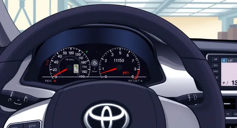A detailed illustration of a Toyota car dashboard with a prominent P1150 error message displayed on the instrument cluster. The dashboard should be clean and modern, focusing on the error indicator. The car should be parked in a well-lit garage setting.