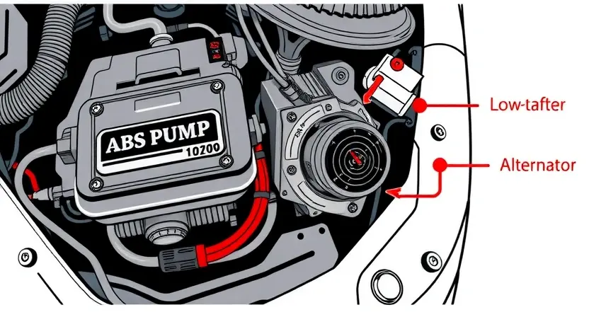 A high-quality technical illustration showing a car's ABS pump with a warning sign indicating low voltage, focusing on the battery and alternator terminals with visible voltage readings, clean background, technical diagram style, precise details, no text or numbers on image