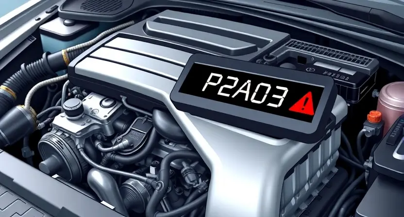A detailed illustration of a car engine with a highlighted error code P2A03. The engine should be realistically rendered, showing various components like pistons, valves, and sensors. The error code P2A03 should be clearly displayed on a digital display within the engine bay, with a red warning symbol next to it. The background should be a slightly blurred engine bay environment.