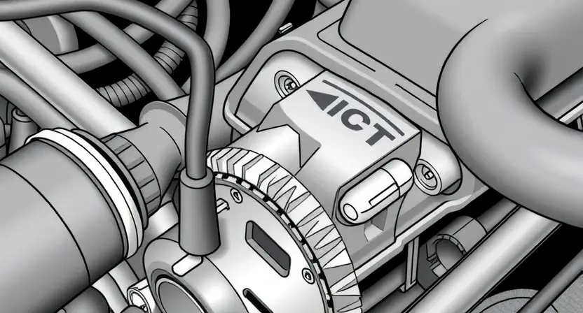 A close-up, detailed illustration of an engine bay with a focus on the Engine Coolant Temperature (ECT) sensor and its wiring. The sensor should be clearly visible, along with the surrounding hoses and electrical connections. The image should convey a sense of technical precision and diagnostic inspection. The overall lighting should be bright and even, highlighting the components.