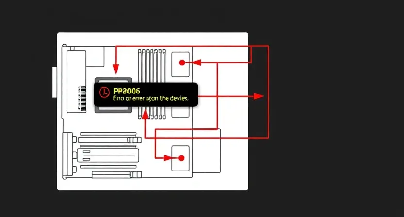 A detailed schematic diagram illustrating a computer system with a highlighted P2806 error indicator. The diagram should show components like the motherboard, CPU, RAM, and storage devices, with arrows indicating data flow. The P2806 error should be visually represented by a red warning symbol or a flashing light next to the error indicator.