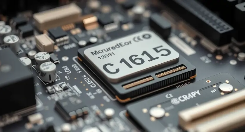 A close-up, detailed illustration of a computer motherboard with a highlighted error code C1615. Focus on the components related to memory or CPU, subtly indicating a potential hardware issue. The background should be blurred, emphasizing the motherboard.