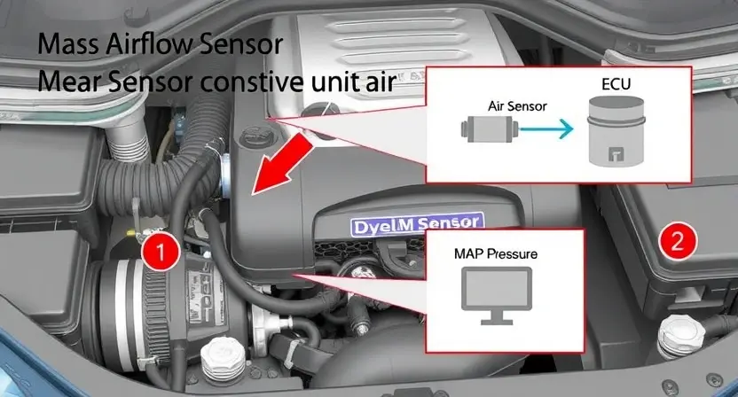 A detailed illustration of a car's engine bay, highlighting the Mass Airflow Sensor (MAP sensor) and its connection to the engine control unit (ECU). Include arrows indicating the airflow path and the sensor's measurement of air pressure. Show a simplified diagram of the ECU receiving data from the MAP sensor and adjusting fuel injection. Focus on clean, technical visuals.