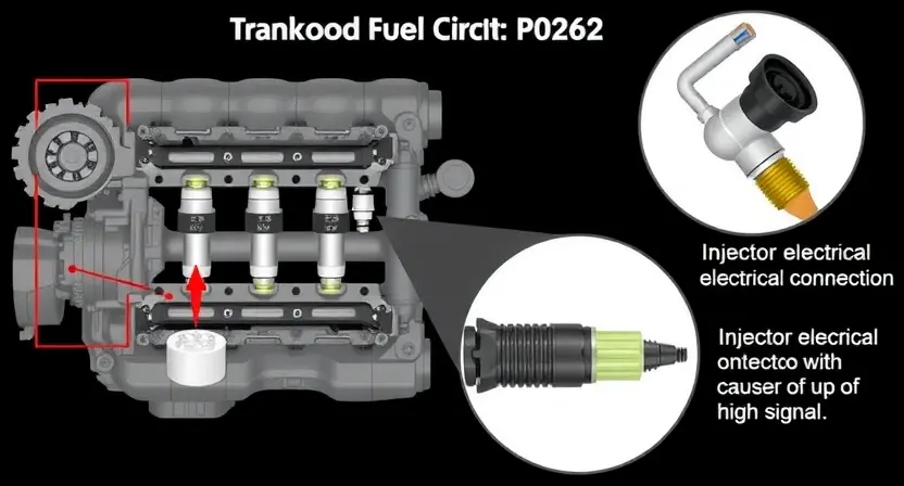 A detailed illustration of an engine's fuel injector circuit, highlighting the P0262 error code. Include visual representations of the fuel pump, fuel rail, injectors, and sensors. Show a magnified view of the injector electrical connection and a potential cause of the high signal.