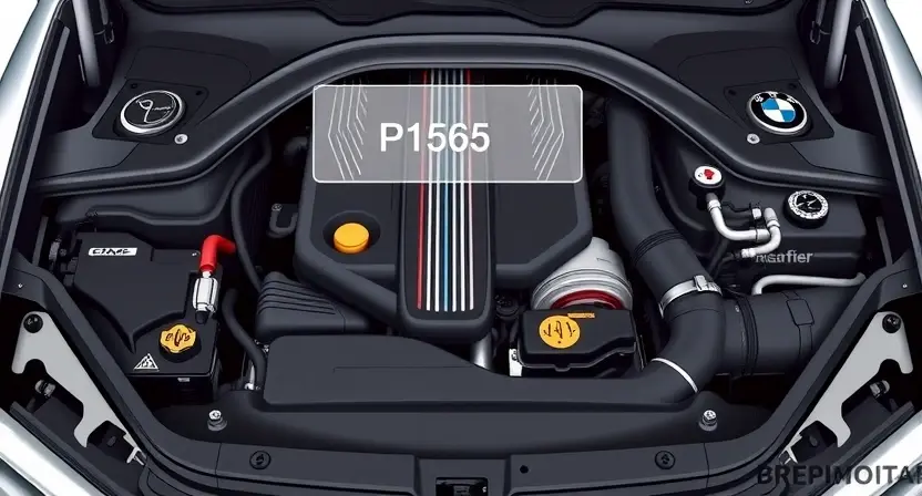 A detailed illustration of a BMW engine bay, highlighting the P1565 error code being displayed on the car's onboard diagnostic system. Focus on the engine components and the dashboard display.