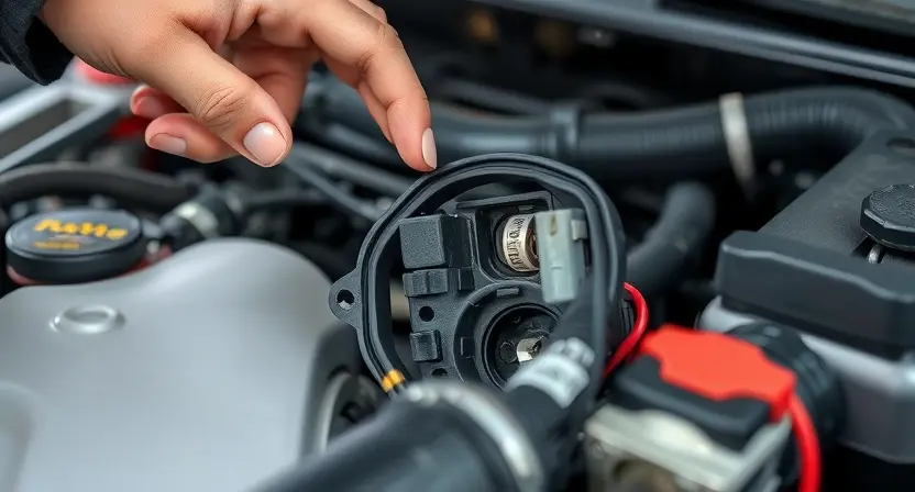 A close-up shot of a car engine bay with a mechanic inspecting electrical connectors and wiring. Focus on the details of the connectors and wires, highlighting their condition. The background should be slightly blurred to emphasize the engine components.