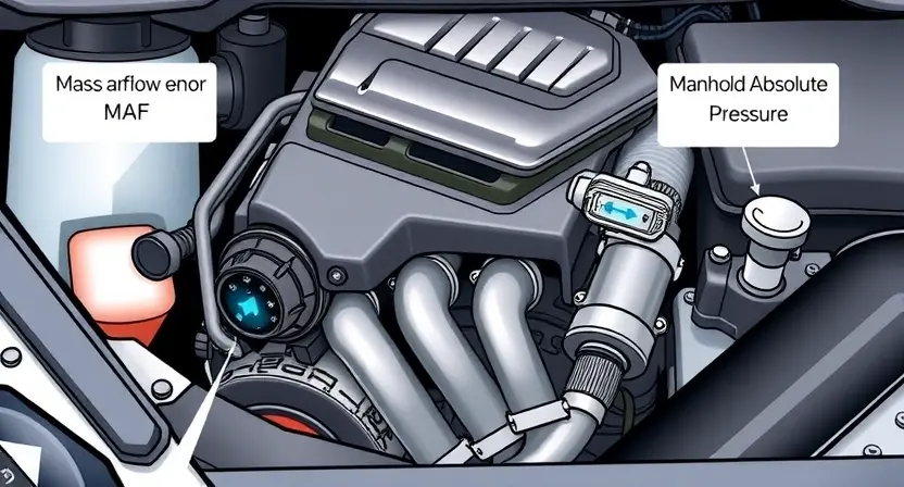 A detailed illustration of a car's engine bay, highlighting the Mass Airflow Sensor (MAF) and Manifold Absolute Pressure (MAP) sensor. Arrows should indicate the airflow entering the engine and the pressure within the intake manifold. The image should clearly show the sensors' physical location and connection points. Focus on the sensors themselves, with a clean and technical aesthetic. Include subtle visual cues representing low signal – perhaps a slightly dimmed glow around the MAP sensor or a