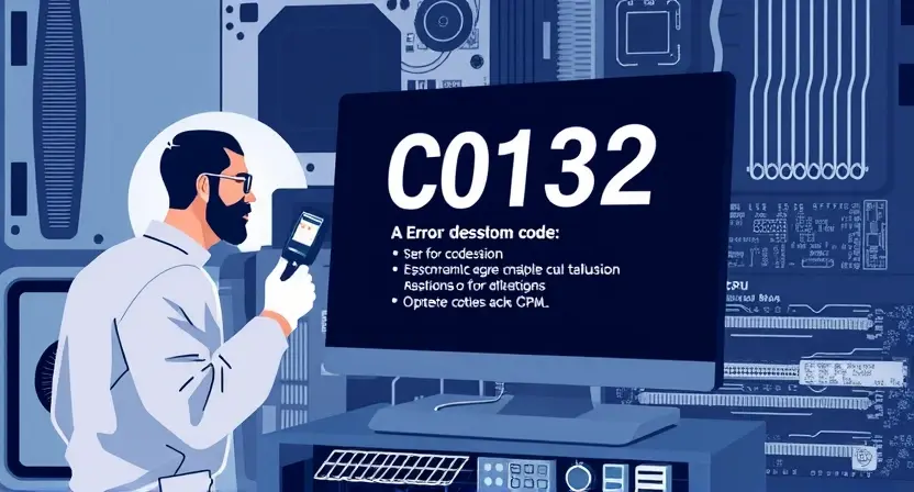 A detailed illustration of a computer screen displaying the error code C0132, with a technician using a diagnostic tool to analyze the issue. The background should include various computer hardware components like a motherboard, CPU, and RAM to emphasize the technical context.