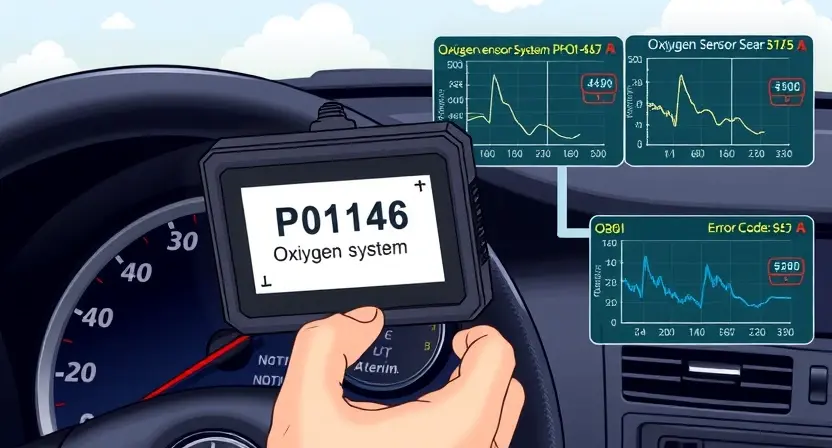 A high-quality technical illustration showing an OBD-II scanner displaying error code P0146 on a vehicle's dashboard, with a mechanic's hands holding the scanner, a car engine bay visible in the background, and diagnostic graphs or sensor readouts related to the oxygen sensor system, all rendered in a clean, professional style with accurate automotive details