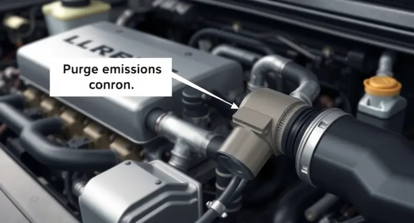A close-up, detailed illustration of a car's engine bay. Focus on the evaporative emissions control system components, specifically the purge valve and associated hoses. The engine should be clean and well-lit, highlighting the relevant parts. The background should be blurred to emphasize the engine components.