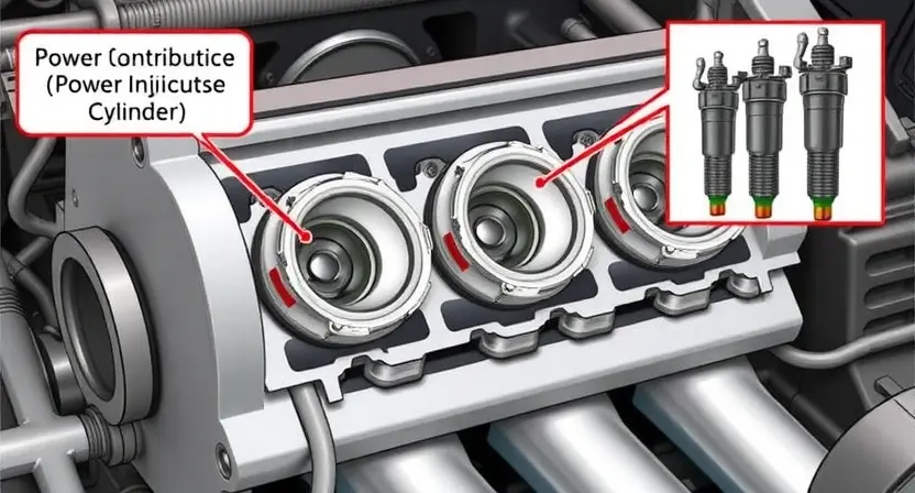 A detailed illustration of an engine block with a highlighted cylinder and spark plug, showing the potential cause of a P0263 code (cylinder imbalance). Include visual representations of fuel injectors and intake manifold. Focus on the mechanics of power contribution and injector problems.