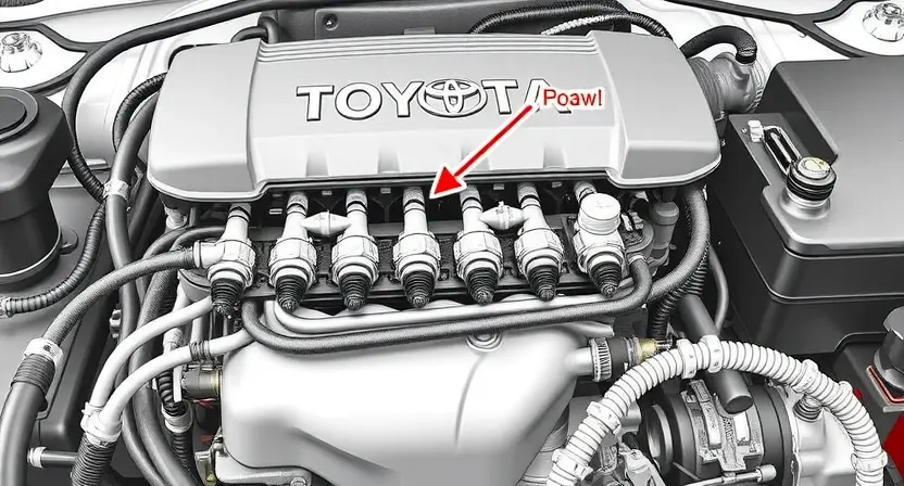A detailed technical illustration of a Toyota engine showing the ignition coil wiring harness with visible damage or disconnection, labeled components like ignition coil, spark plug wires, and engine control unit, clean white background, professional automotive repair manual style, high detail, no text or numbers on image